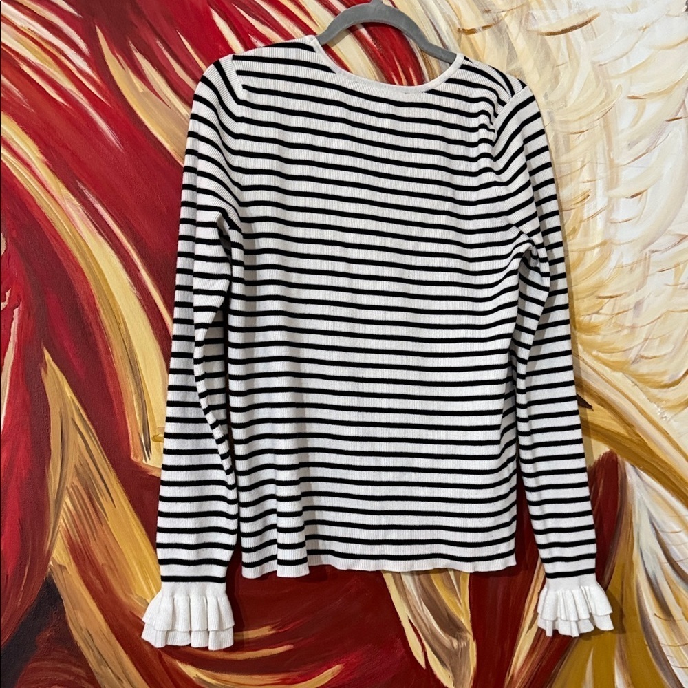 White House Black Market Striped Ruffle Cuff Top - Nautical Button Detail XL